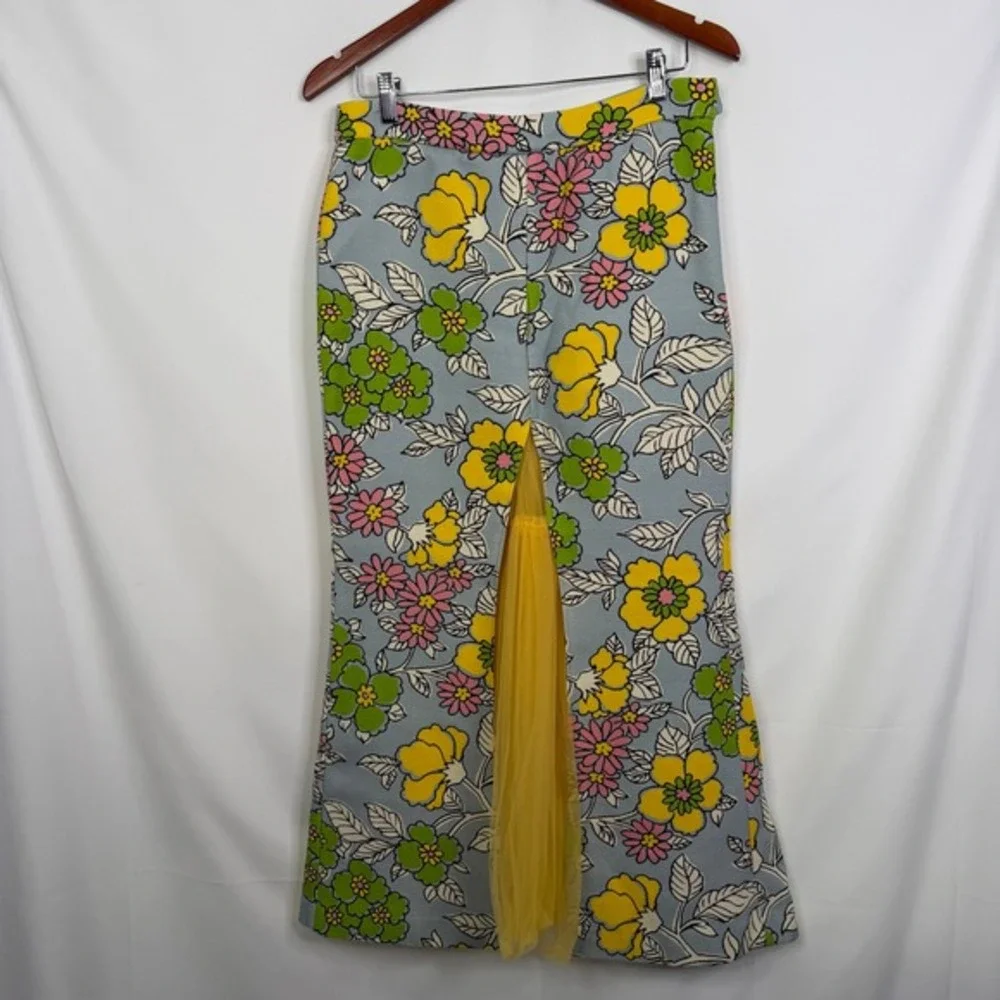 Tory Burch Upcycled Floral Maxi Skirt with Yellow Tulle Godet Slit Size 4